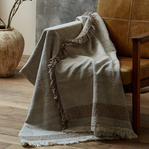 中古风复古棉麻提花流苏毯床尾巾