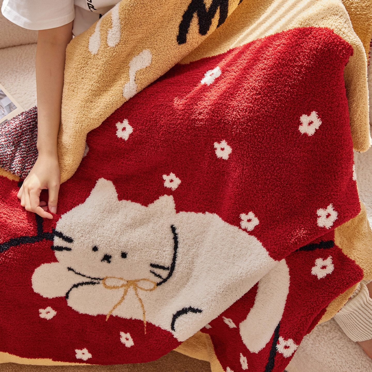 卡通针织半边绒毛毯可爱装饰沙发毯办公室单人空调毯儿童午睡毯子