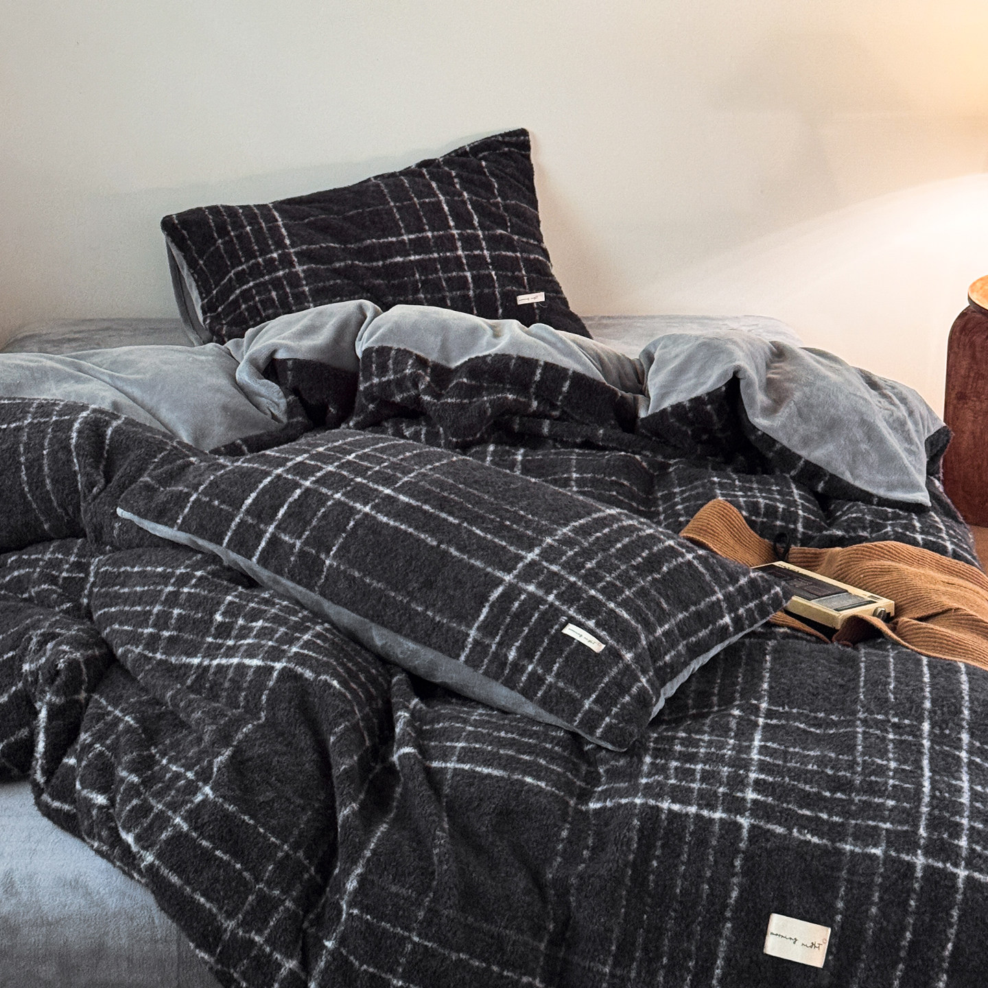 秋冬加厚仿羊绒牛奶绒格纹四件套