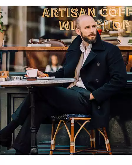 American Retro Navy Wool Coat for Men, Classic Double-Breasted Pea Coat, Thickened Heavy Wool Coat for Autumn and Winter