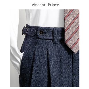 时尚意式那不勒斯高腰修身羊毛呢西裤直筒小脚手工粗花呢双褶长裤