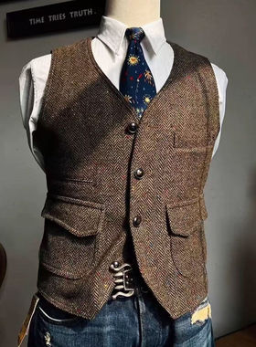美式复古彩点重磅粗花呢猎装马甲羊毛呢V领工装背心男RRL咔叽大码