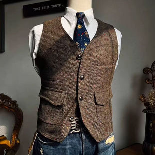 背心男RRL咔叽大码 马甲羊毛呢V领工装 复古彩点重磅粗花呢猎装 美式