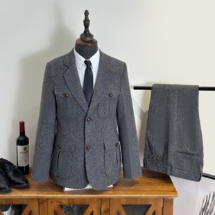 英伦复古羊毛粗花呢猎装雅痞绅士人字纹西装羊毛呢西服裤子两件套