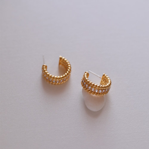 气质镶钻C形耳钉轻奢通勤百搭高级感时尚潮流黄铜镀金螺纹耳饰