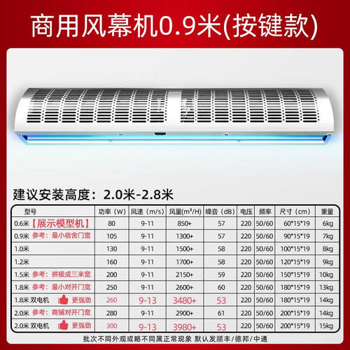 风幕机商用静门口换气扇空气幕风帘机闸机超市门头1.5/1.8/2米音0