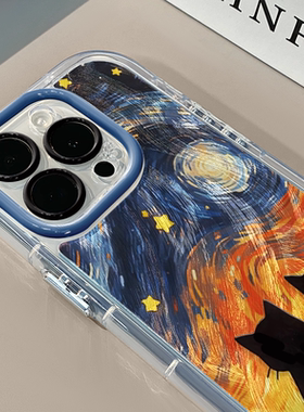 梵高双猫适用苹果16奶油羽纱纹卡通手机壳iphone15可爱华为p创意可爱mate70保护套小众小米15新款