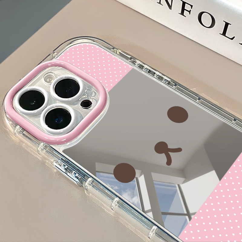 粉色波点轻松熊镜面适用于苹果17奶油壳华为oppo新iPhone16promax/14/12promax手机壳真我红米小米13pro/u