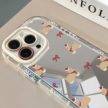 蝴蝶结小狗镜面适用于苹果17奶油壳华为oppo新iPhone16/14/12promax手机壳真我红米小米17pro
