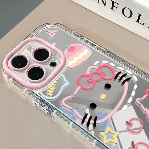 ins粉嫩少女心可爱猫镜面适用于苹果17奶油壳华为oppo新iPhone16/15/14promax手机壳真我红米小米13pro/ultra