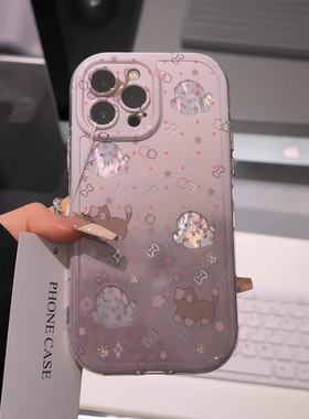 涂鸦渐变小狗猫咪适用苹果16奶油羽纱纹卡通手机壳iphone15可爱华为p创意可爱mate70保护套小众小米15新款