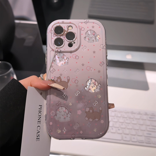 涂鸦渐变小狗猫咪适用苹果16奶油羽纱纹卡通手机壳iphone15可爱华为p创意可爱mate70保护套小众小米15新款