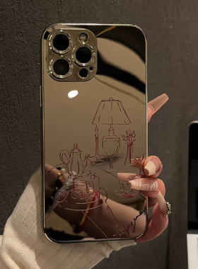 法式线条下午茶适用于苹果16promax电镀镜面手机壳iPhone15可爱小众14保护套华为/荣耀新款潮流13创意ins风