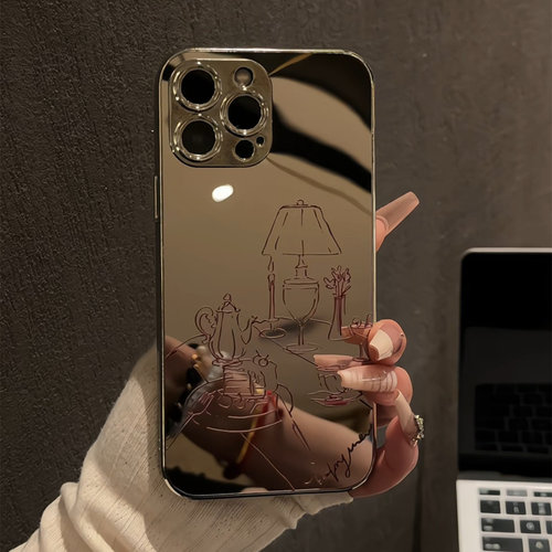 法式线条下午茶适用于苹果16promax电镀镜面手机壳iPhone15可爱小众14保护套华为/荣耀新款潮流13创意ins风