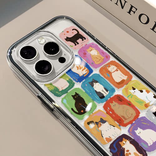 油画宫格猫咪适用苹果17pro手机壳iPhone16三合一炫彩可爱14小众华为mate70保护套OPPO荣耀200新款小米