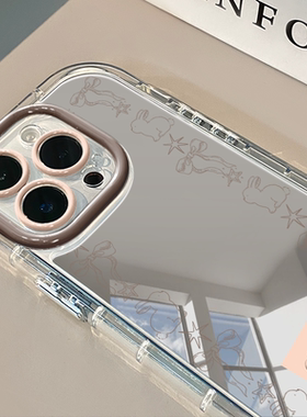 线条蝴蝶结兔适用于苹果16promax镜面奶油壳iPhone15手机壳华为p可爱小米15防摔潮流保护套mate70小众