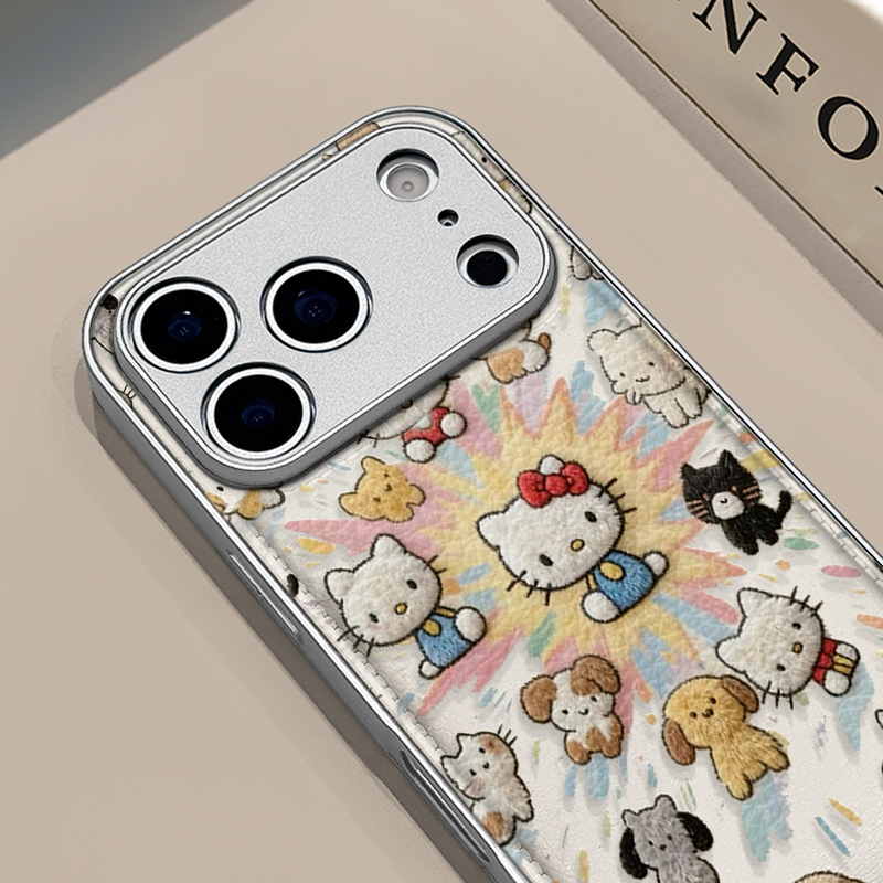 爆炸kt猫适用苹果17pro手机壳iphone16pm金属鼓状皮纹华为p80防摔可爱mate70保护套荣耀oppo防摔小米