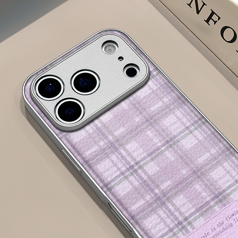 紫色格子适用苹果17pro手机壳16pm金属鼓状皮纹华为p80防摔可爱mate70保护套荣耀oppo防摔小米