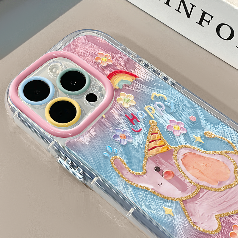 油画小象适用苹果16奶油羽纱纹卡通手机壳iphone15pro可爱华为苹果11创意可爱保护套防摔15ProMax