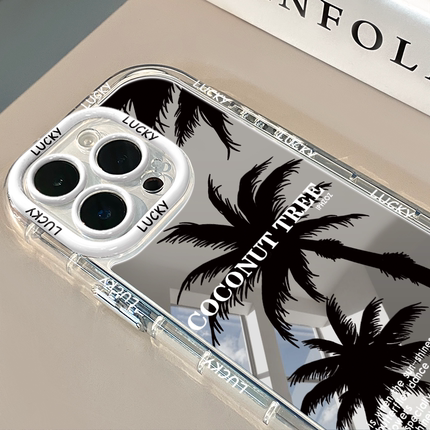 黑色椰树背影镜面适用于16pro华为奶油壳oppo苹果15新iPhone14/12/11promax手机壳真我红米小米13pro/ultra