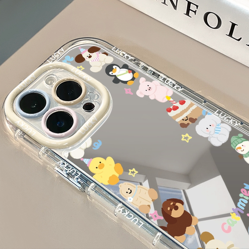cat玩偶镜面适用于苹果17pro华为奶油壳oppo苹果16新iPhone15/14/13promax手机壳真我红米小米13pro/u