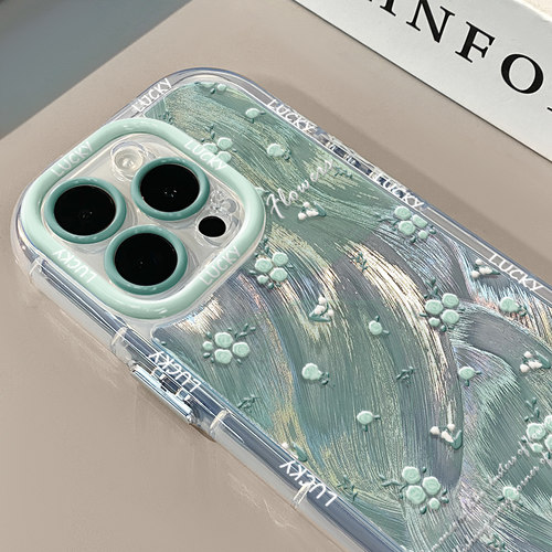 薄荷玫瑰适用苹果17奶油羽纱纹卡通透明手机壳iphone16pro可爱华为苹果13创意可爱保护套防摔15ProMax全包