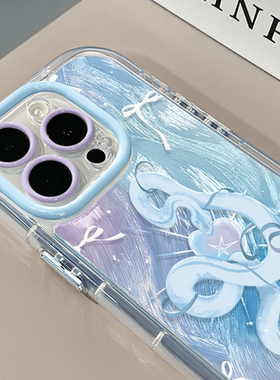 蓝紫色蝴蝶结小蛇适用苹果17pro奶油羽纱纹卡通手机壳iphone16pro可爱华为苹果13创意可爱保护套15ProMax