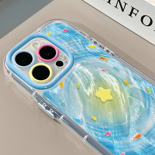 旋涡彩色小鱼适用苹果17奶油羽纱纹卡通手机壳iphone16可爱华为p创意可爱mate70保护套小众小米15新款