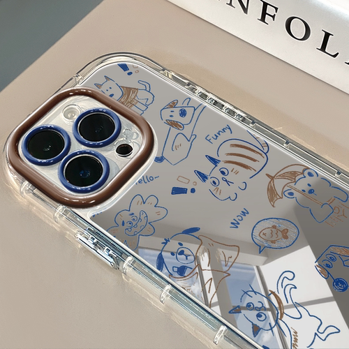 蓝线条猫狗适用于苹果16pro镜面奶油壳iPhone15手机壳华为p80可爱小米15防摔荣耀保护套mate70小众红米