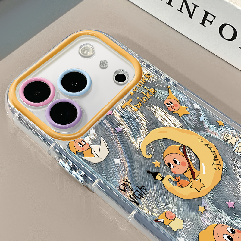 月亮星星人适用苹果17Pro手机壳简约iphone16promax奶油羽纱oppo可爱华为p80荣耀创意保护套vivo小米15