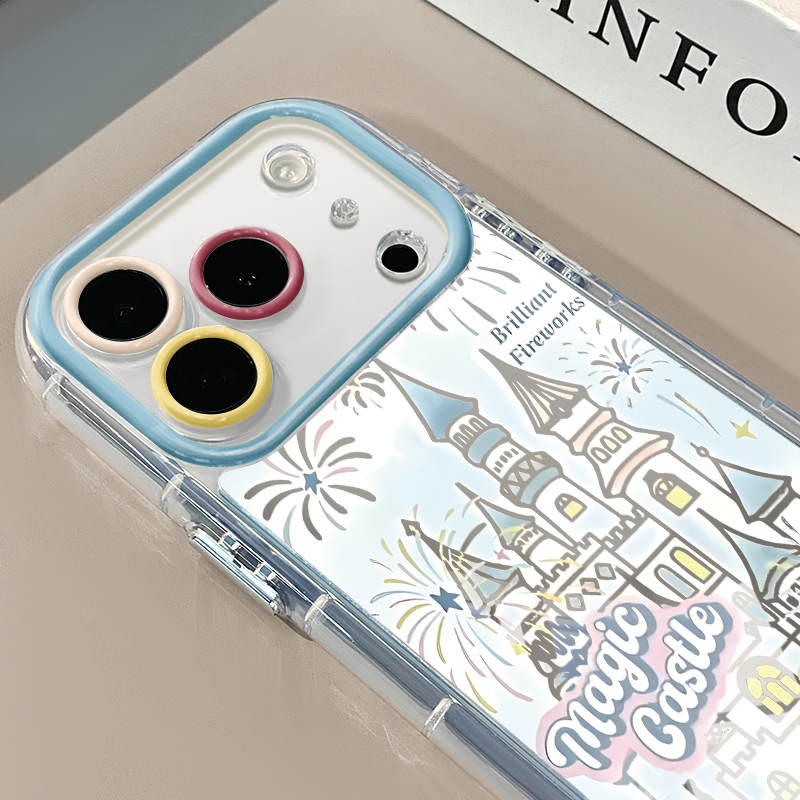 城堡烟花蓝猫咪背影适用于苹果17Pro镜面奶油壳16Promax手机壳华为p80可爱小米17防摔荣耀mate70小众红米