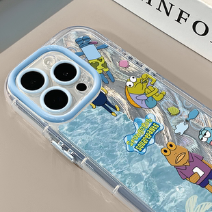 拼接风大海比奇堡适用苹果16奶油羽纱纹卡通手机壳iphone15可爱华为p创意可爱mate70保护套小众小米15新款