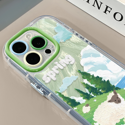 油画春天小羊适用苹果17奶油羽纱纹卡通手机壳iphone16可爱华为p创意可爱mate70保护套小众小米15新款
