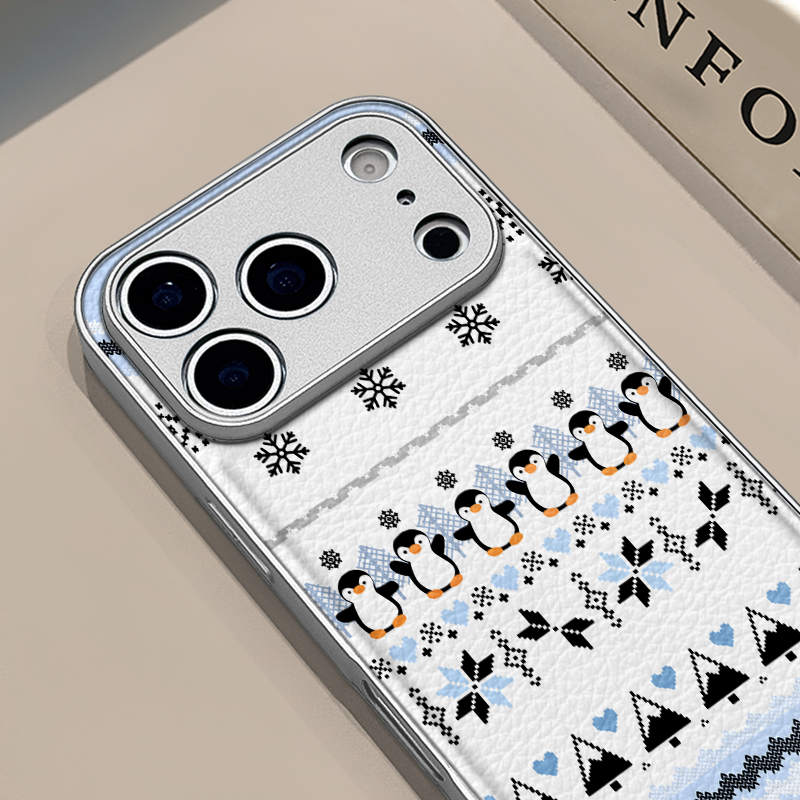 雪花小企鹅适用苹果17pro手机壳iphone16pm金属鼓状皮纹华为p80防摔可爱mate70保护套荣耀oppo防摔小米
