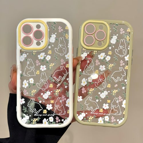 山茶花线条兔适用苹果16promax奶油卡通手机壳iphone15防摔华为P70可爱华为mate70pro简约小米小众红米新款