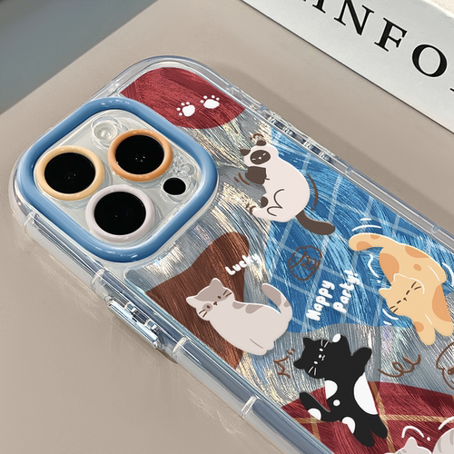 彩块猫咪适用苹果17pro奶油羽纱纹卡通手机壳iphone16pro可爱华为苹果13创意可爱保护套防摔15ProMax
