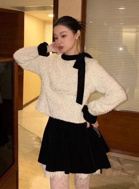 【诠释】NEWOPEN25冬韩国财阀千金重工亮片飘带长袖卫衣绒衫F7136