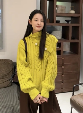 DIGM秋冬慵懒复古麻花小兔纱宽松纽扣围脖套装针织衫毛衣女81035