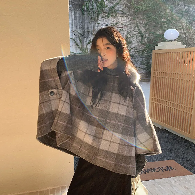 NEIHE内赫毛领蝙蝠型双面羊绒羊毛呢大衣外套女秋冬高级感251791