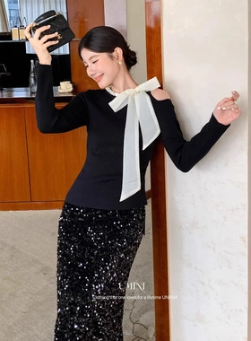 UNANA新品F9112十三行U+MINI法式复古串珠蝴蝶结显瘦毛衣女针织衫