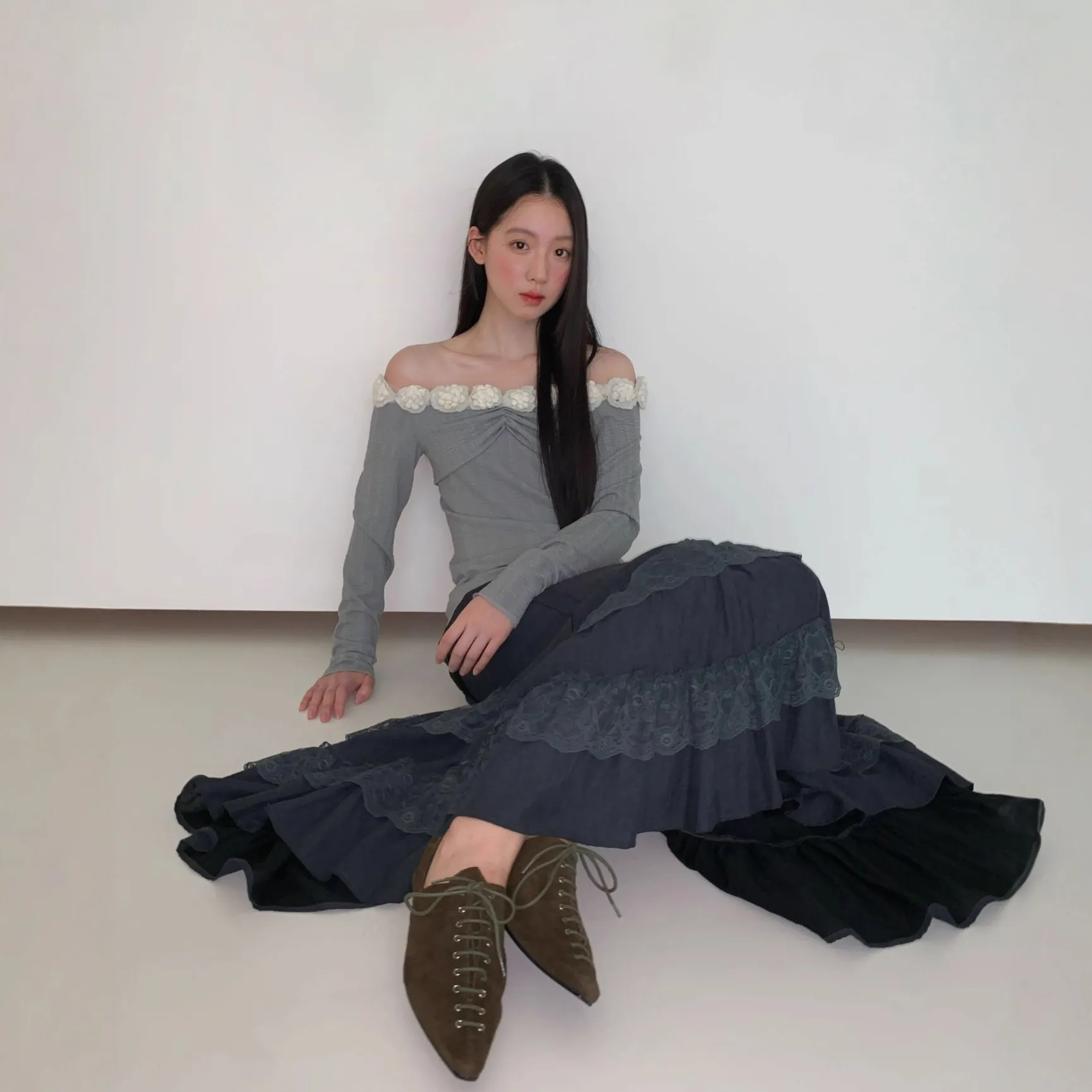 08.11十三行早秋25秋森系氛围感甜美松紧蕾丝拼接半裙女F6169