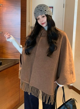 【诠释】NEWOPEN25冬老钱复古翻领流苏不规则毛呢罩衫外套女F7083