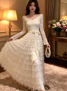 崛 Ascend-复古法式蕾丝蓬松蛋糕裙摆裙子时髦连衣裙(加绒)