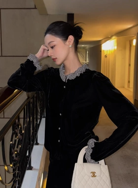 【诠释】NEWOPEN25冬赫本风小众设计感长袖木耳边丝绒上衣女F6969