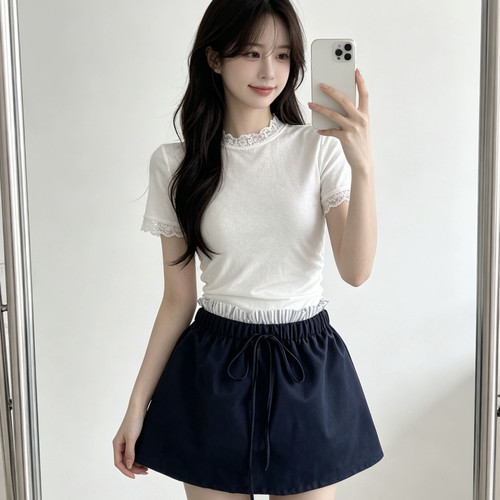 Yami-院风圆领蕾丝白色短袖T恤上衣+花苞裙裤半身裙两件套套装