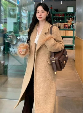 诠释美 NEWOPEN 25冬韩系通勤气质大衣双排扣长款毛呢外套女F7057