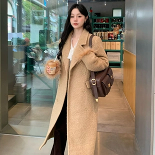 诠释美 NEWOPEN 25冬韩系通勤气质大衣双排扣长款毛呢外套女F7057
