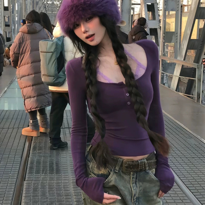 Simida斯密达-冬上新纯欲蕾丝拼接挂脖加绒打底打底衫