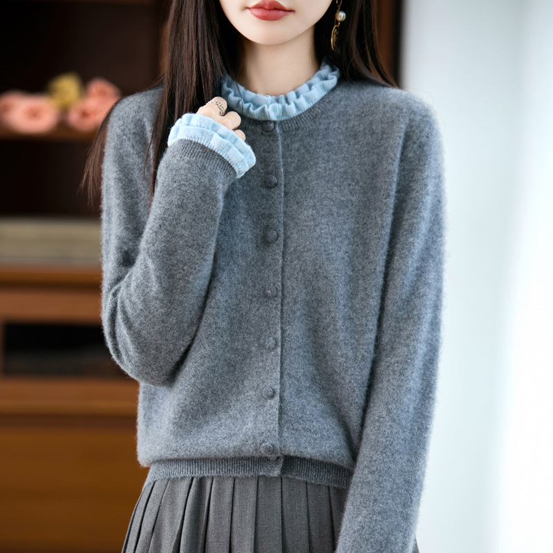时尚木耳花边羊毛开衫女100纯羊毛针织外套上衣秋冬新款女装毛衣
