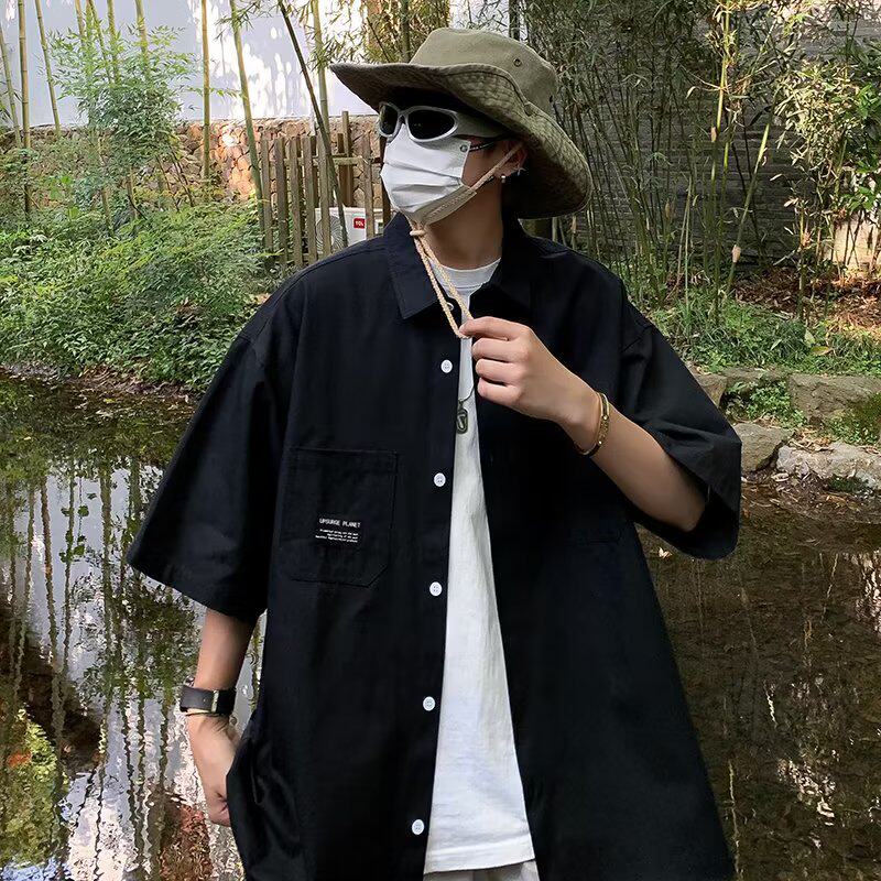 夏季日系情侣宽松半袖上衣短袖衬衫男韩版潮衬衣防晒百搭简约T恤
